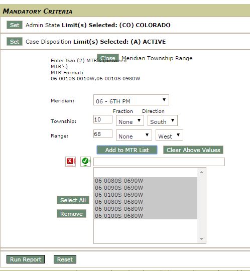 Select the state (CO) and disposition (ACTIVE) and then use the tool to add the MTRs