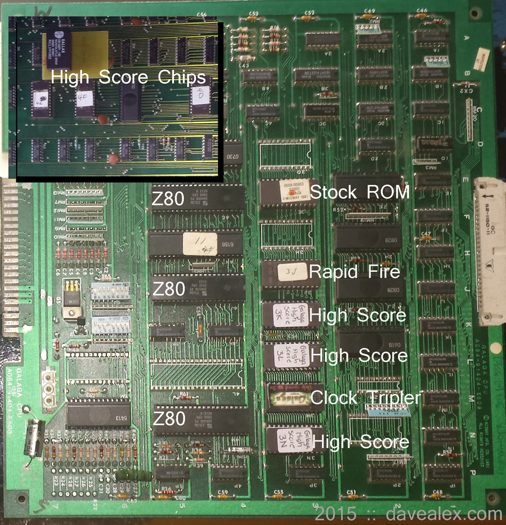 Here are all the mod chips in my Galaga.  Notice the Z80s...multi-Z80 machine.  Awesome computing power!